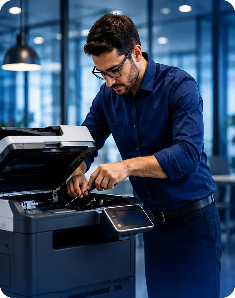 Printer technician servicing a business printer